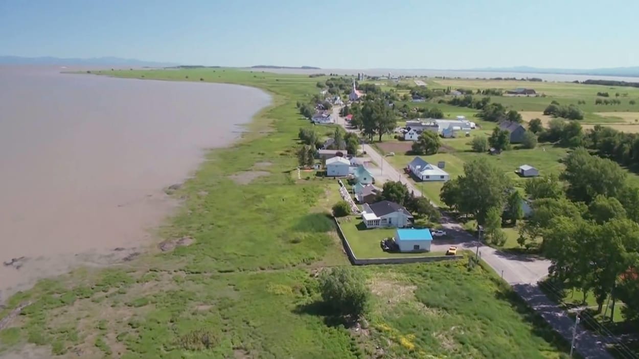 On voit du haut des airs les maisons et fermes de l'île aux Grues, en été, avec le fleuve Saint-Laurent en arrière-plan.