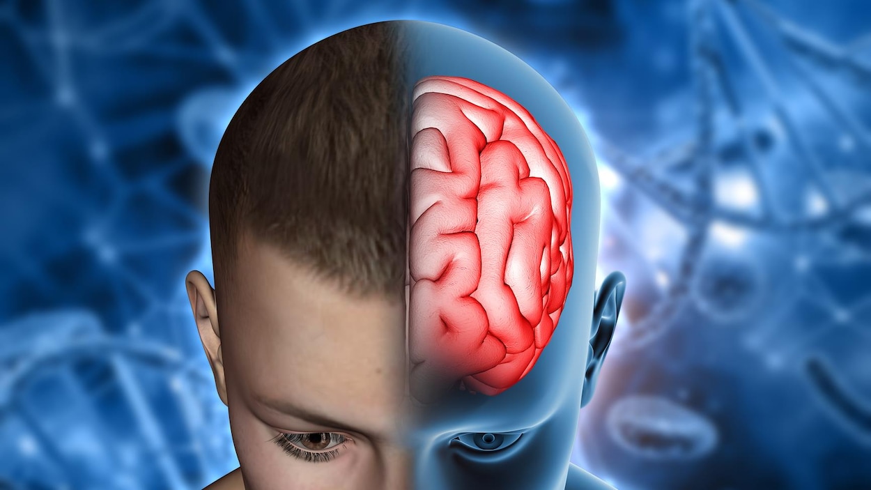 Illustration artistique montrant le cerveau dans la tête d'un jeune homme.