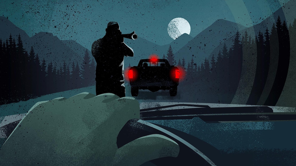 Illustration montrant un tireur dehors pointant son arme vers un conducteur au volant de son véhicule.