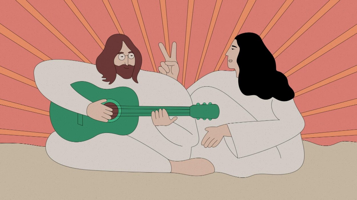 Illustration de John Lennon et Yoko Ono assis dans un lit.