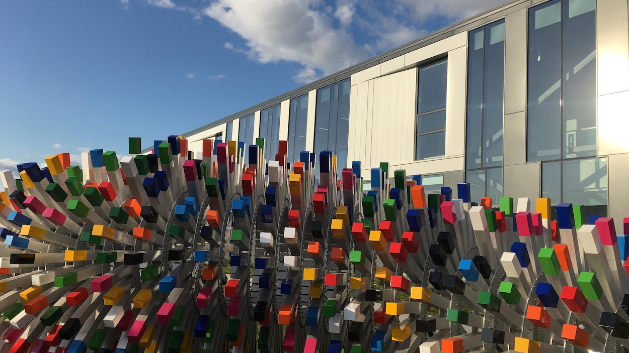 L'oeuvre d'art comporte de nombreuses tiges d'une multitude de couleurs.