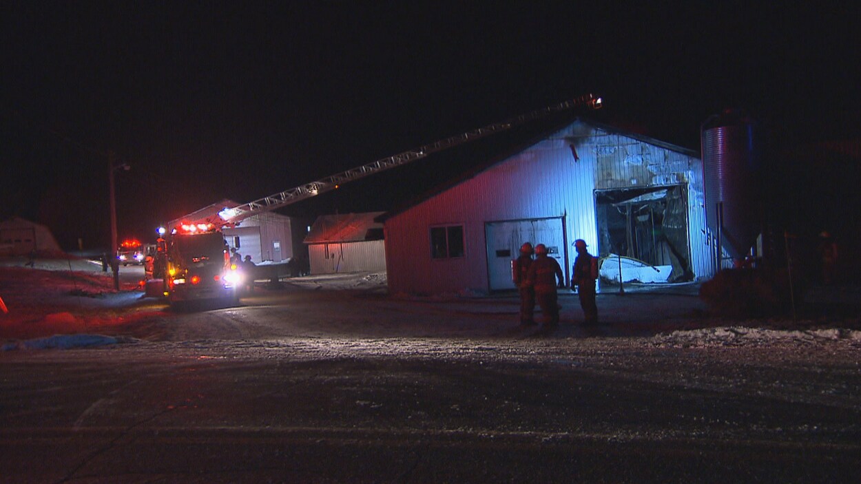 Des pompiers combattent un incendie de ferme à Coaticook.