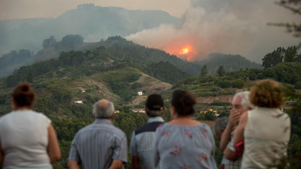 Des habitants de l'île de Grande Canarie, près de Montana Alta, observent la fumée d'un incendie de forêt qui fait rage, 18 août 2019.