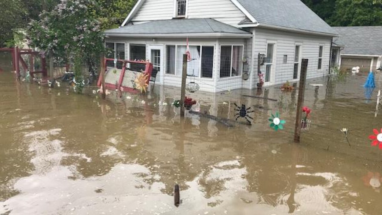 De l'eau brunâtre inonde le terrain entourant une maison.