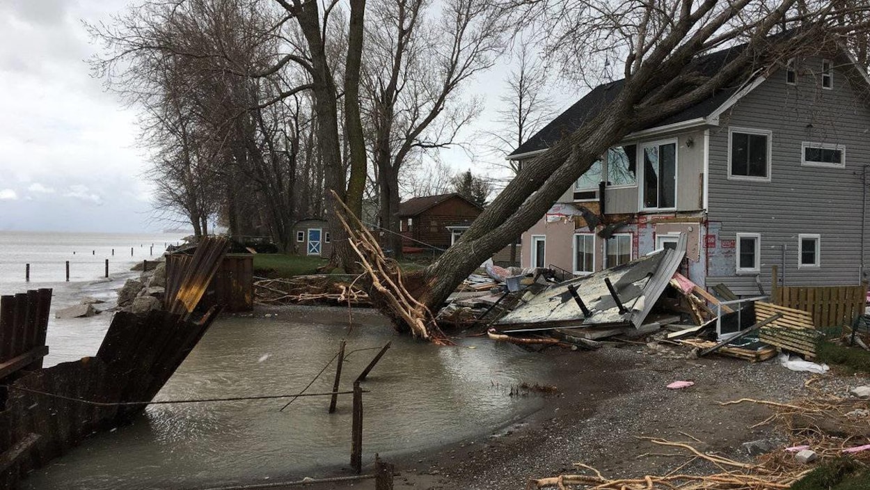 Un maison en bordure d'un lac avec un arbre déraciné qui s'appuit sur la maison. On voit des parties du mur arrachées aussi. Un maison en bordure d'un lac avec un arbre déraciné qui s'appuit sur la maison. On voit des parties du mur arrachées aussi.