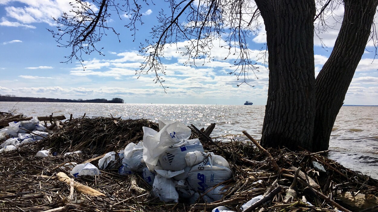 Une digue de bois de et de sacs de sable au bord du lac Saint-Pierre, à Nicolet