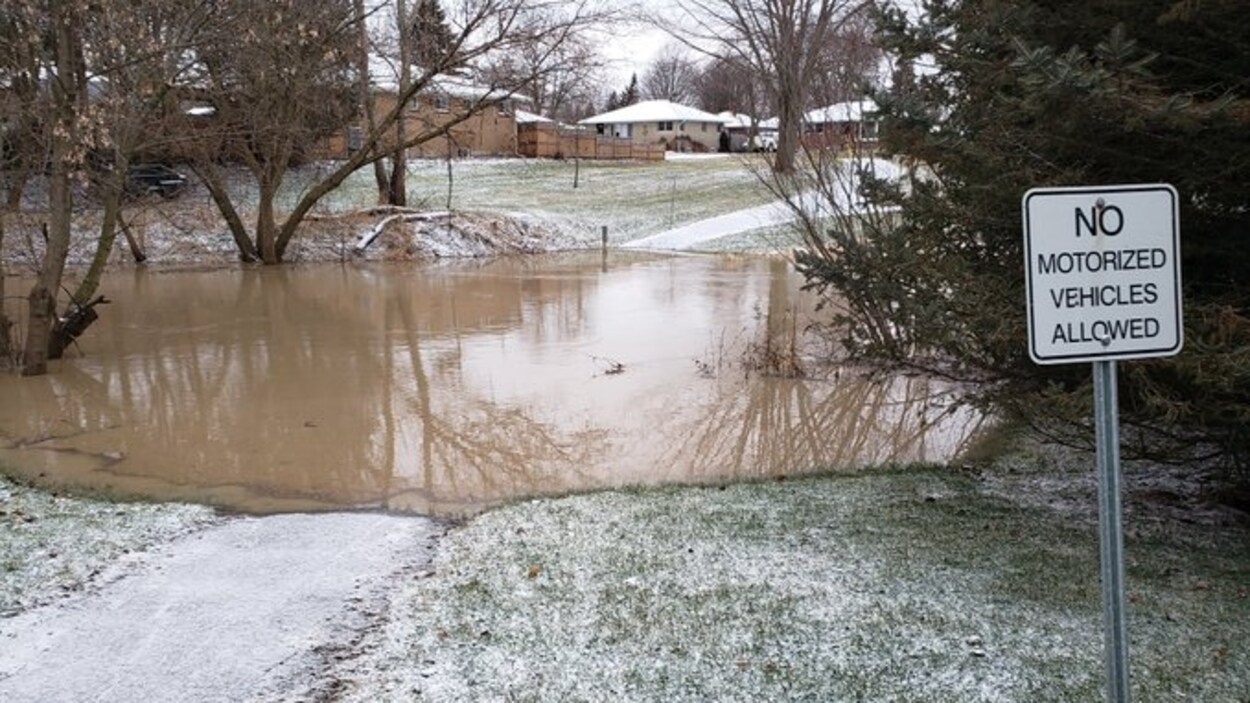Un ruisseau qui déborde derrière des maisons.