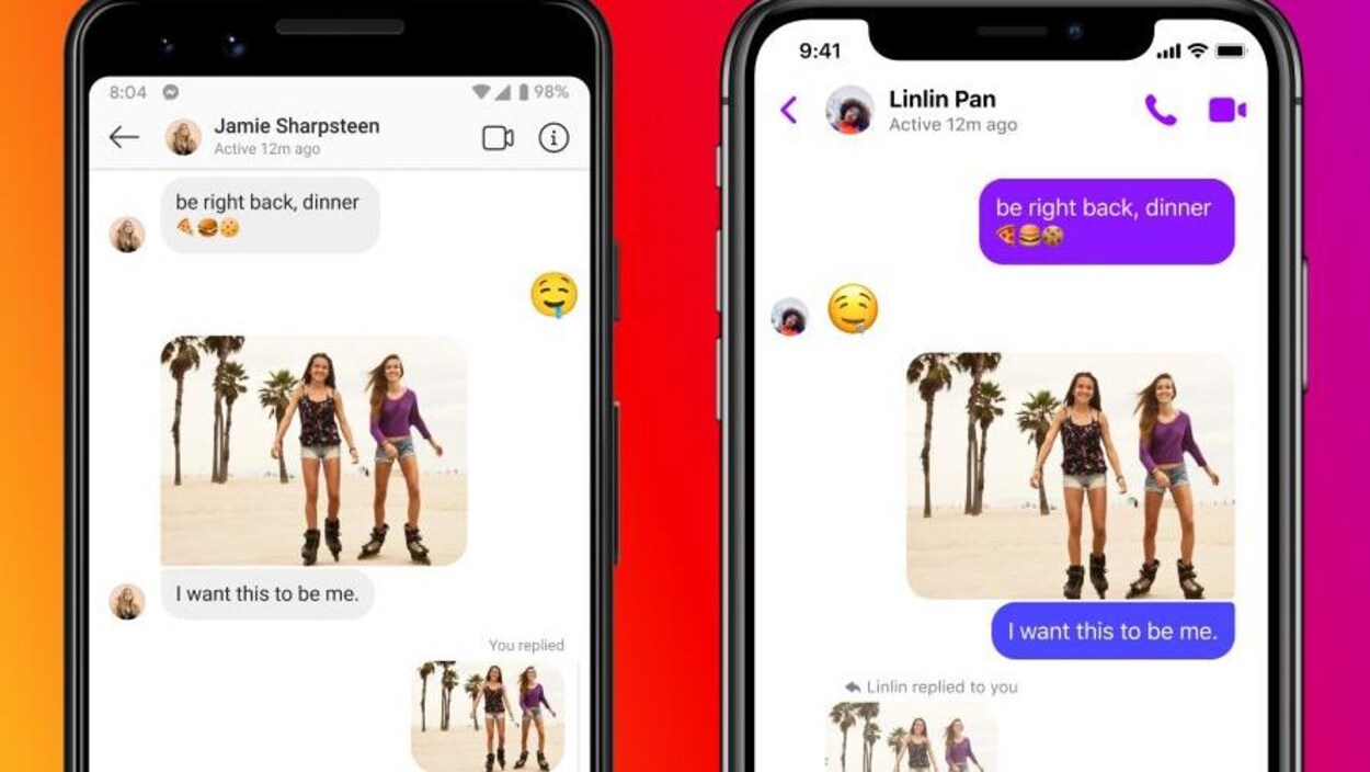 Deux écrans de téléphone portable montrant une conversation sur les messageries Facebook et Instagram