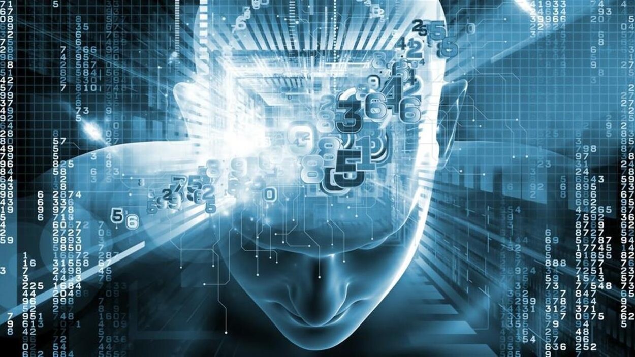 Illustration du concept d'intelligence artificielle avec la silhouette d'une tête humaine de laquelle émanent des chiffres. Illustration du concept d'intelligence artificielle avec la silhouette d'une tête humaine de laquelle émanent des chiffres.
