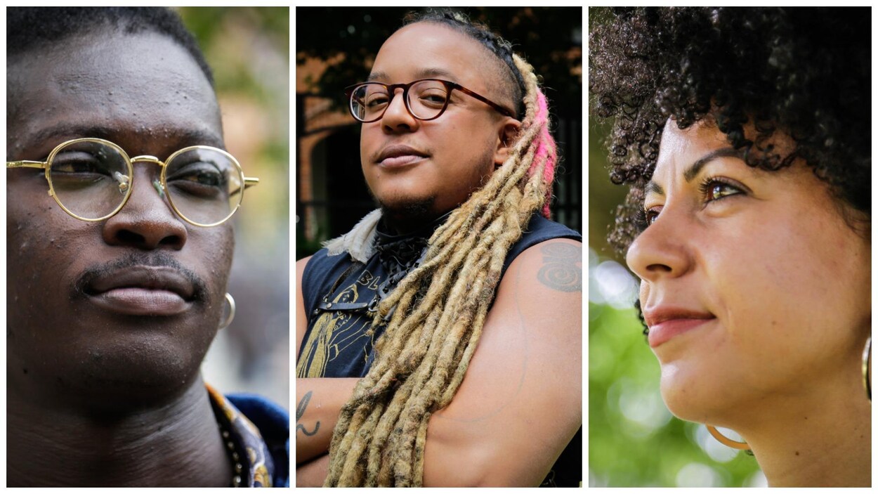 Photomontage de trois portraits avec, de gauche à droite, un jeune homme à lunettes, un homme transgenre avec des lunettes et croisant les bras et une femme aux cheveux bouclés qui sourit.
