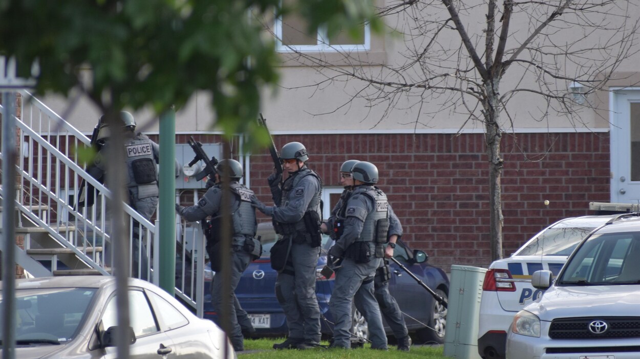 Des policiers de la ville de Gatineau montent des escaliers vers un logement où sont réfugiées deux personnes.