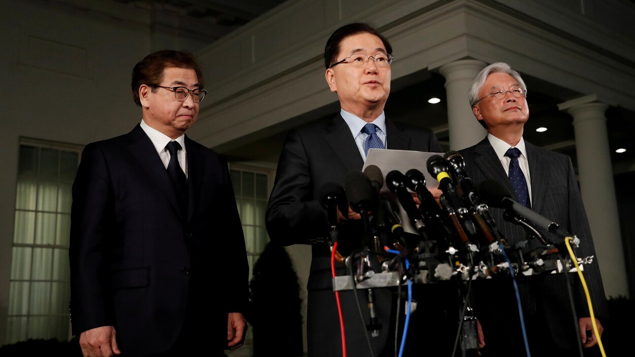 Le conseiller national sud-coréen à la Sécurité, Chung Eui-Yong, annonce devant la Maison-Blanche que Donald Trump a accepté de rencontrer le leader nord-coréen Kim Jong-un.
