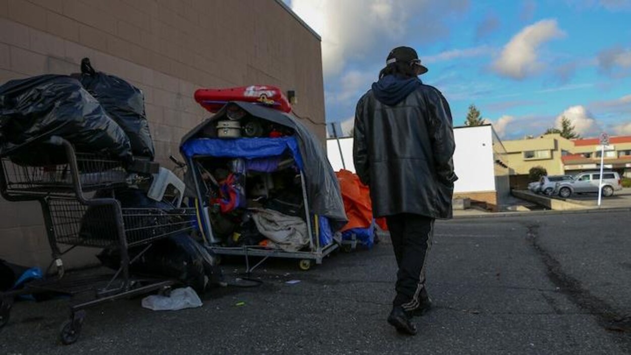 Un homme de dos sur la rue près d'un immeuble avec un panier d'épicerie rempli de matériel hétéroclite à ses côtés. Un homme de dos sur la rue près d'un immeuble avec un panier d'épicerie rempli de matériel hétéroclite à ses côtés.