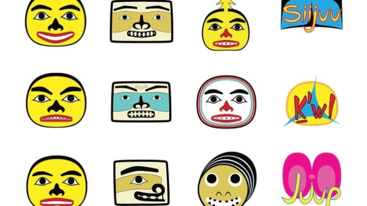 Des emojis sur fond blanc, dont des visages peint avec différentes couleurs.