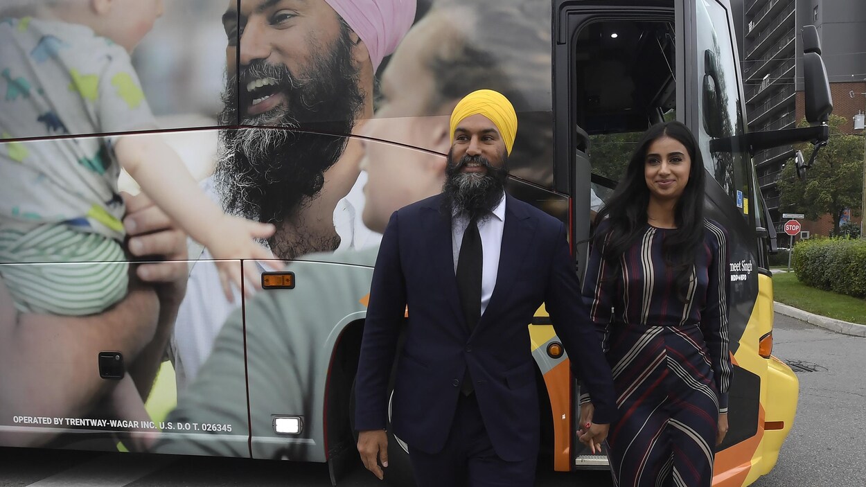 Jagmeet Singh et son épouse Gurkiran Kaur Sidhu devant l'autobus de campagne du NPD.