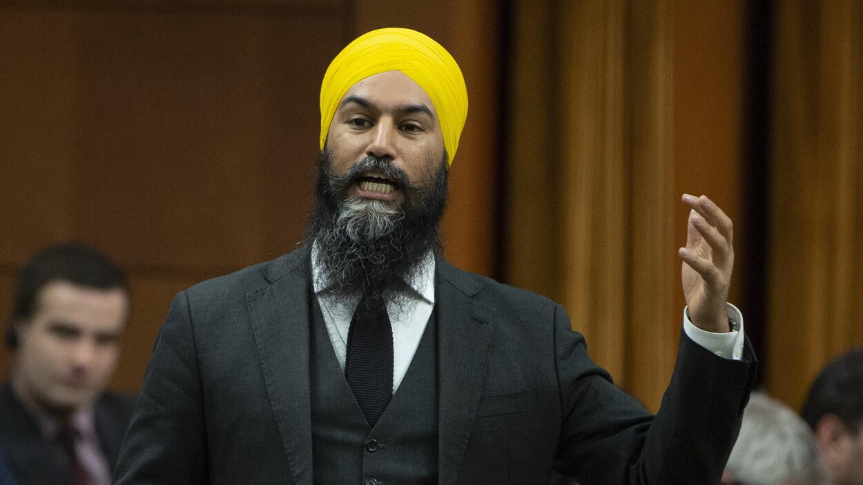 Jagmeet Singh, debout, lève le bras en posant une question à la Chambre des communes.