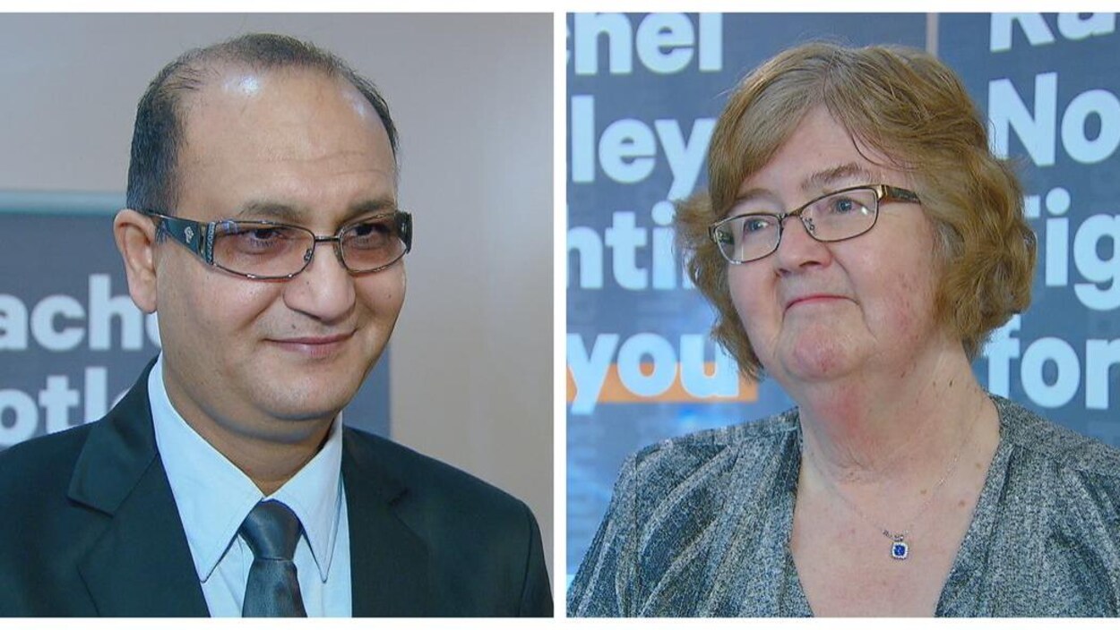 À gauche, il y a un plan rapproché de Jasvir Deol, un homme avec des lunetttes et des cheveux foncés. À droite, il y a un plan rapprochée de Denise Woollard, une femme aux cheveux clairs et aux yeux bleus.