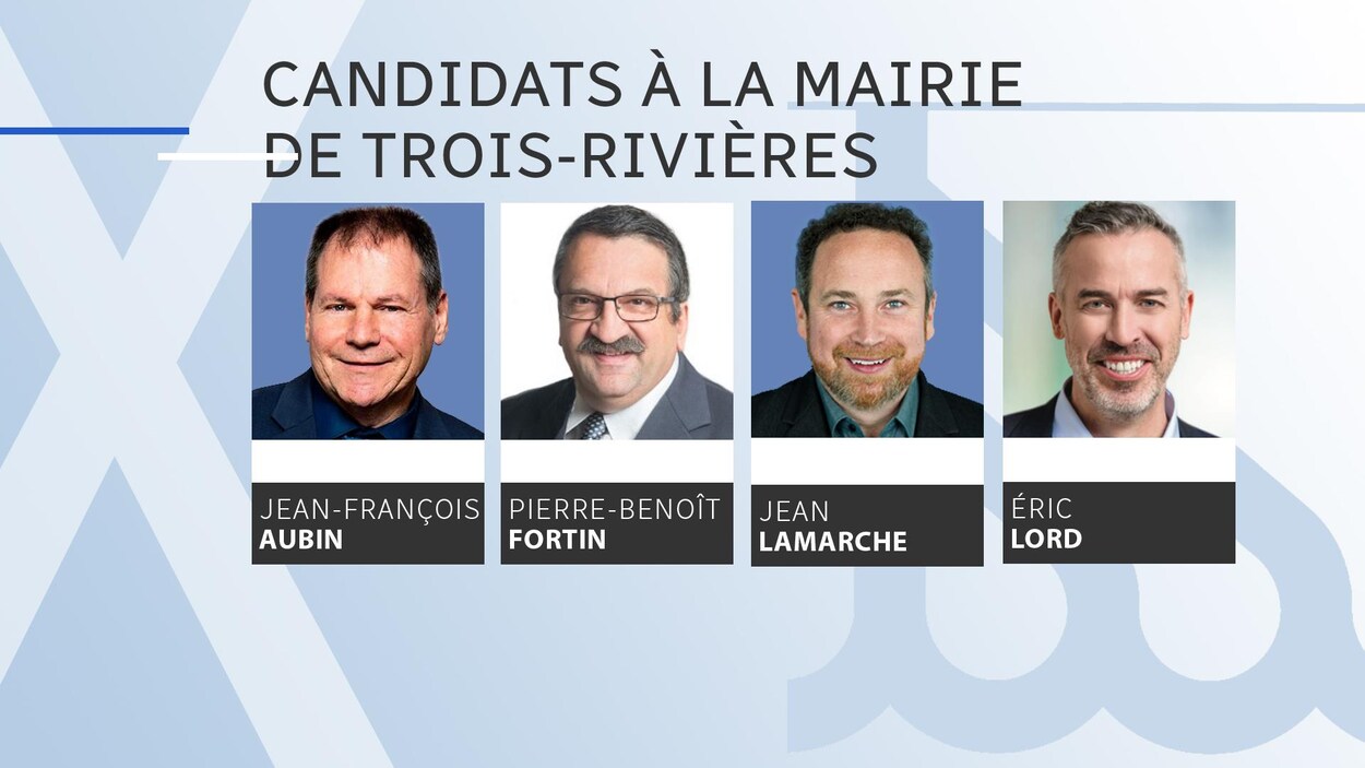 Les visages des quatre candidats : Jean-François Aubin, Pierre-Benoît Fortin, Jean Lamarche et Éric Lord.