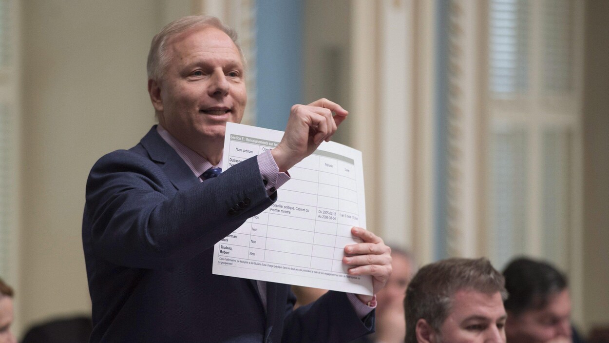 Le chef du Parti québécois, Jean-François Lisée, montre un document à l'Assemblée nationale, lors de la période de questions. Le chef du Parti québécois, Jean-François Lisée, montre un document à l'Assemblée nationale, lors de la période de questions.