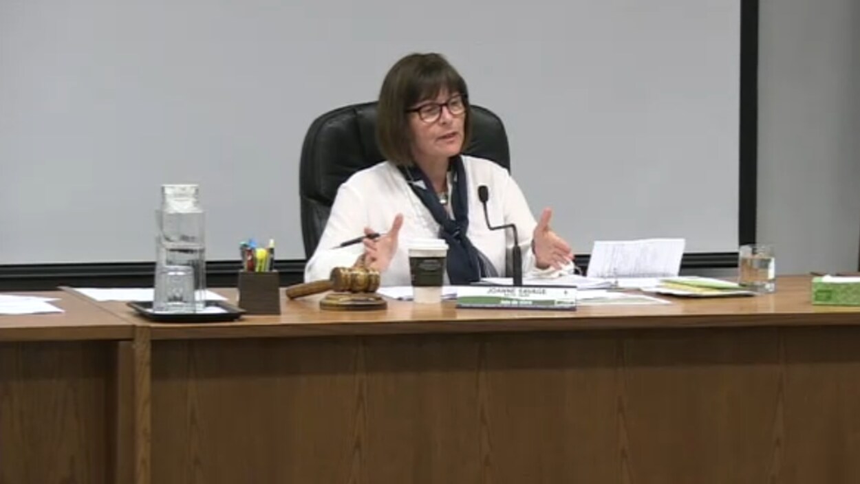 La mairesse de Nipissing Ouest assise à une table pendant une réunion du conseil municipal. La mairesse de Nipissing Ouest assise à une table pendant une réunion du conseil municipal.