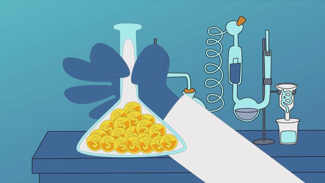Une animation montre une main tenant du matériel de laboratoire plein d'argent.