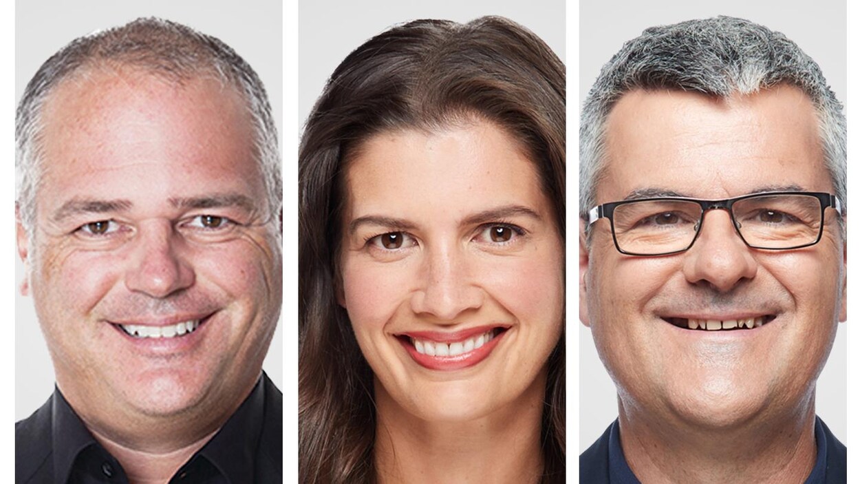 Triptyque composé de photos officielles des députés et ministres de la CAQ Jonatan Julien, Geneviève Guilbault et Éric Caire.