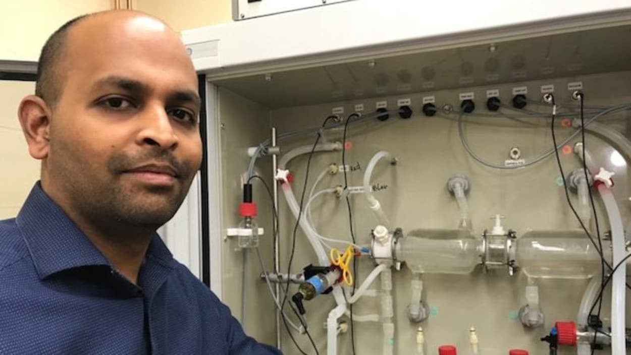 Sijo Joseph, un chercheur à Agriculture et Agroalimentaire Canada pose devant l'estomac artificiel. Sijo Joseph, un chercheur à Agriculture et Agroalimentaire Canada pose devant l'estomac artificiel.