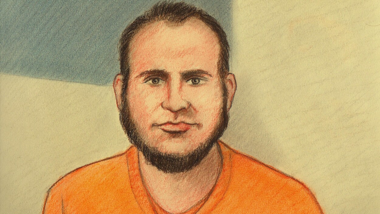 Un dessin montre un plan moyen de Joshua Boyle portant une chemise orange. Un dessin montre un plan moyen de Joshua Boyle portant une chemise orange.