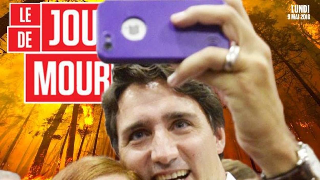 L'image montre le premier ministre Justin Trudeau qui semble prendre un égoportrait devant un feu de forêt.