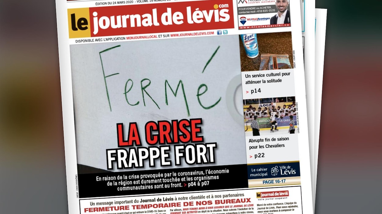 Une du journal, où l'on voit une photo d'une affiche disant "fermé". On peut lire le titre "La crise frappe fort" puis "fermeture temporaire de nos bureaux".