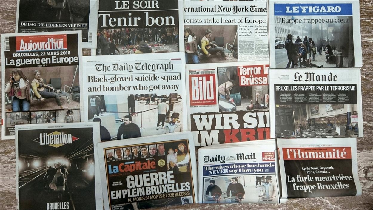 Quelques titres des journaux : « L'Europe frappée au coeur », « La guerre en Europe », « Guerre en plein Bruxelles ».