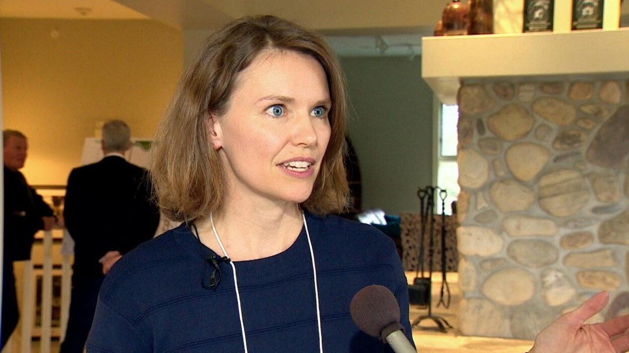 Karin Hunter répond à des questions devant un micro.