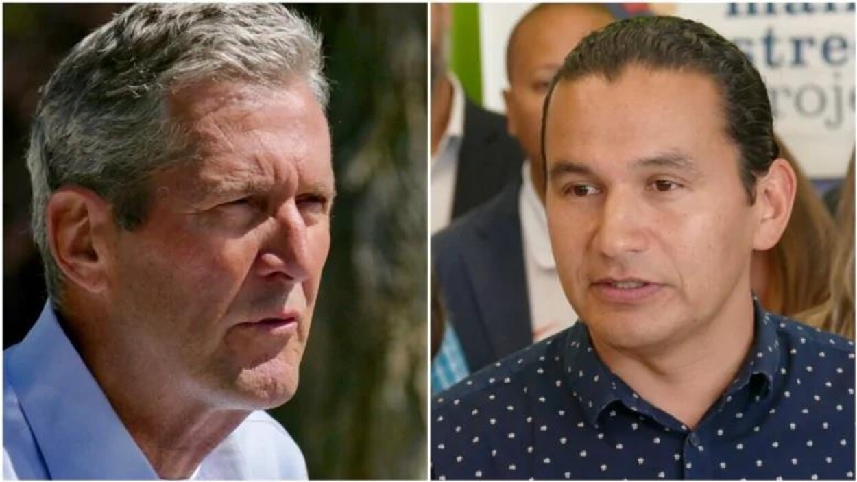 À gauche, une photo de Brian Pallister, chef du Parti progressiste-conservateur, et à droite, une photo de Wab Kinew, chef du Nouveau Parti démocratique.