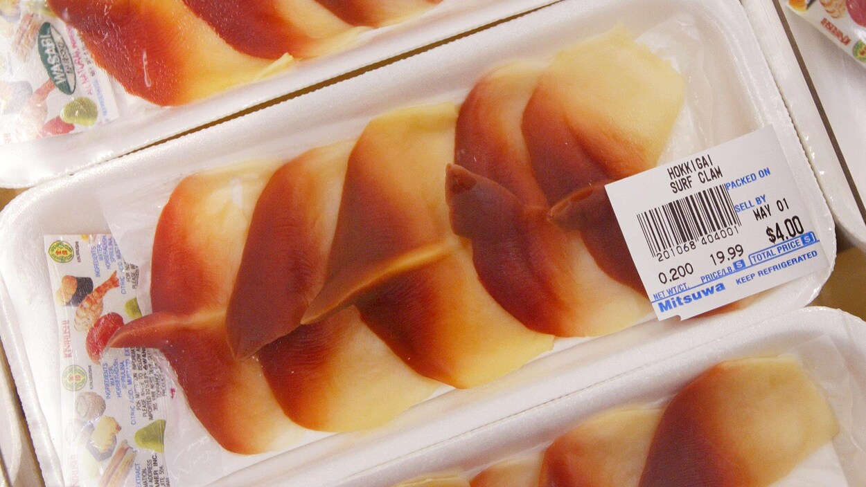 ARLINGTON HEIGHTS, IL - APRIL 30: Packages of Hokkigai surf clams are displayed at Mitsuwa Marketplace April 30, 2004 in Arlington Heights, Illinois. For such reasons as health, flavor and cooking purposes, Asian food and related cooking ingredients are becoming more popular in the U.S. as newer Asian supermarkets are opening and stocking the unique ingredients for use in the cuisine. (Photo by Tim Boyle/Getty Images)