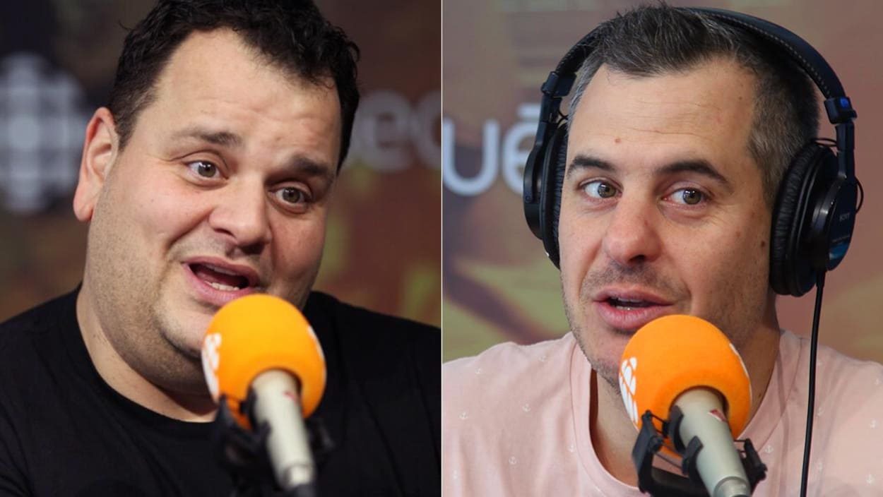 Photos de Philippe Laprise et Pierre Hébert devant un micro.