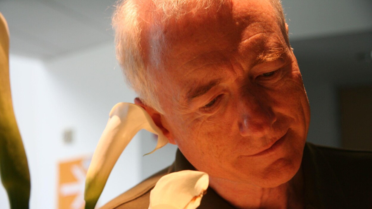 Un homme regarde des fleurs.