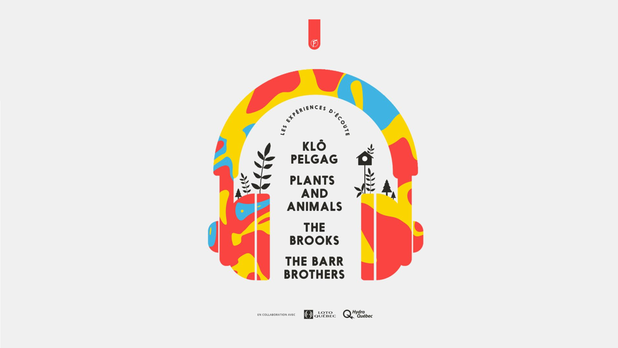 Une affiche grise, avec des dessins bleus et orange d'un casque d'écoute et des groupes de musique inscrits : Klo Pelgag, Plants and animals, The Brooks, The Barr Brothers.