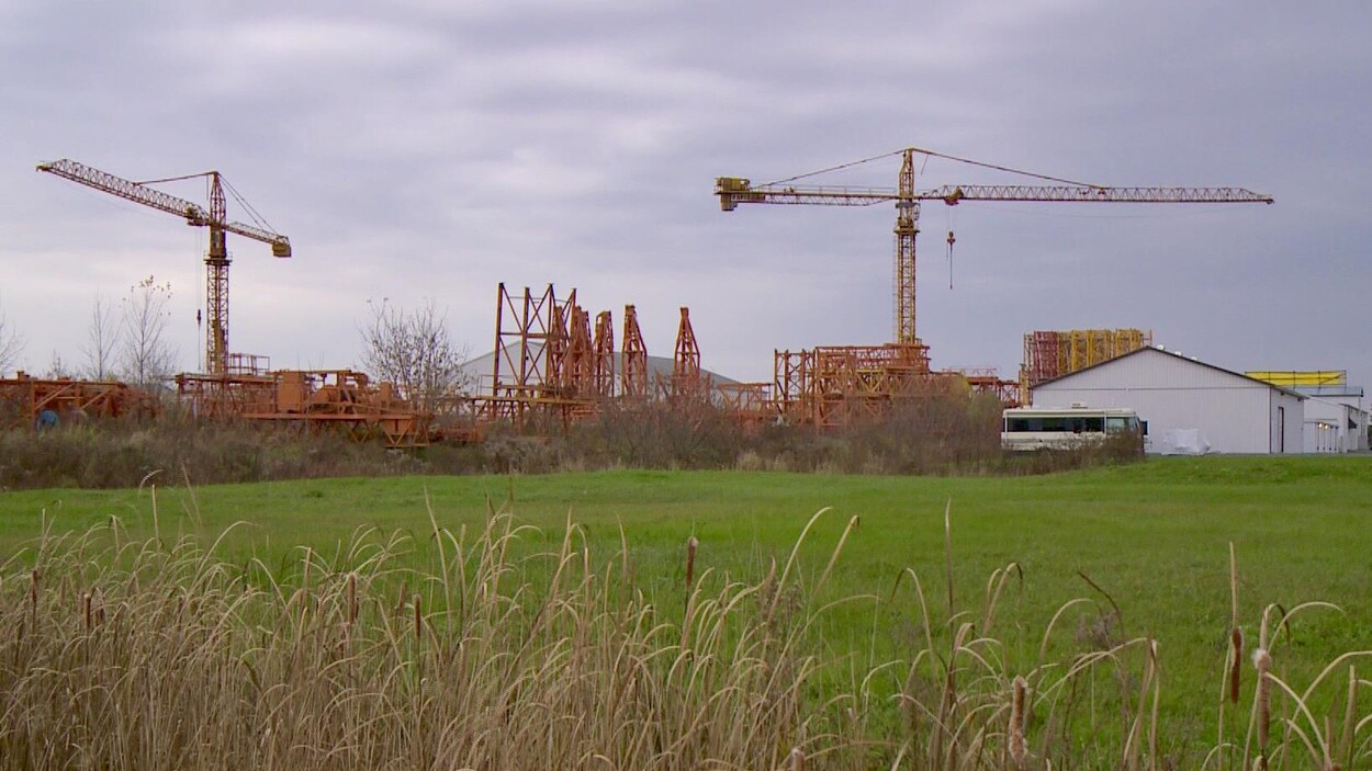 Des grues surplombant un chantier dans un champ de l'est ontarien.