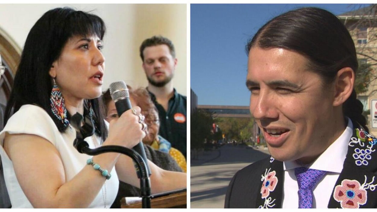 Montage de deux photos : Leah Gazan parle au micro et Robert-Falcon Ouellette.