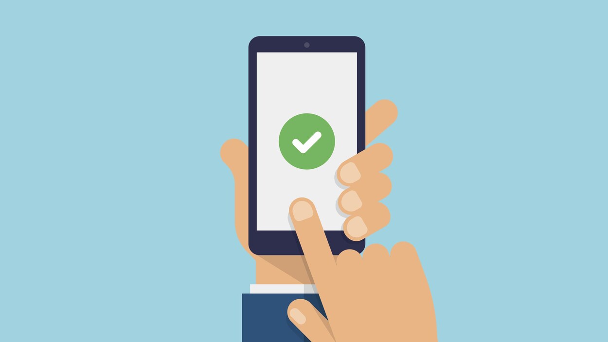 Une illustration montrant les mains d'un personnage qui tient un téléphone. L'une de ses mains touche l'écran du téléphone, qui affiche un crochet dans un cercle vert. Une illustration montrant les mains d'un personnage qui tient un téléphone. L'une de ses mains touche l'écran du téléphone, qui affiche un crochet dans un cercle vert.