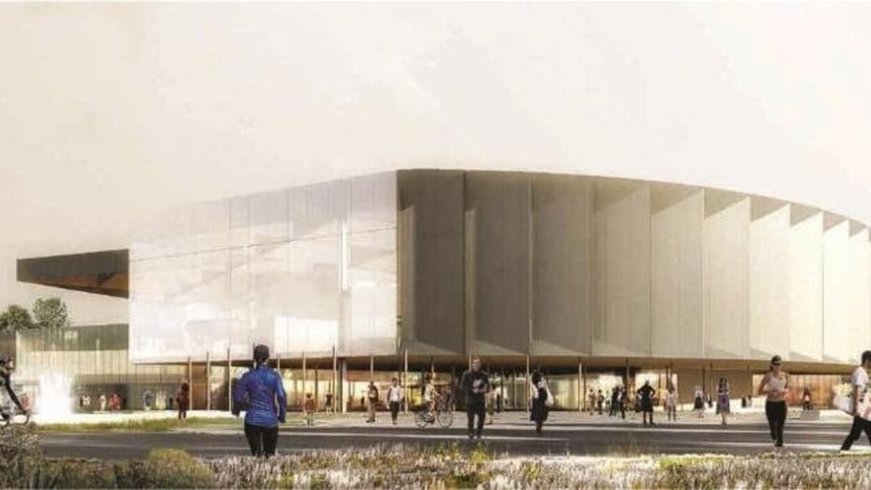Une maquette numérique présentant le futur centre récréatif : un bâtiment bas à l'architecture moderne.
