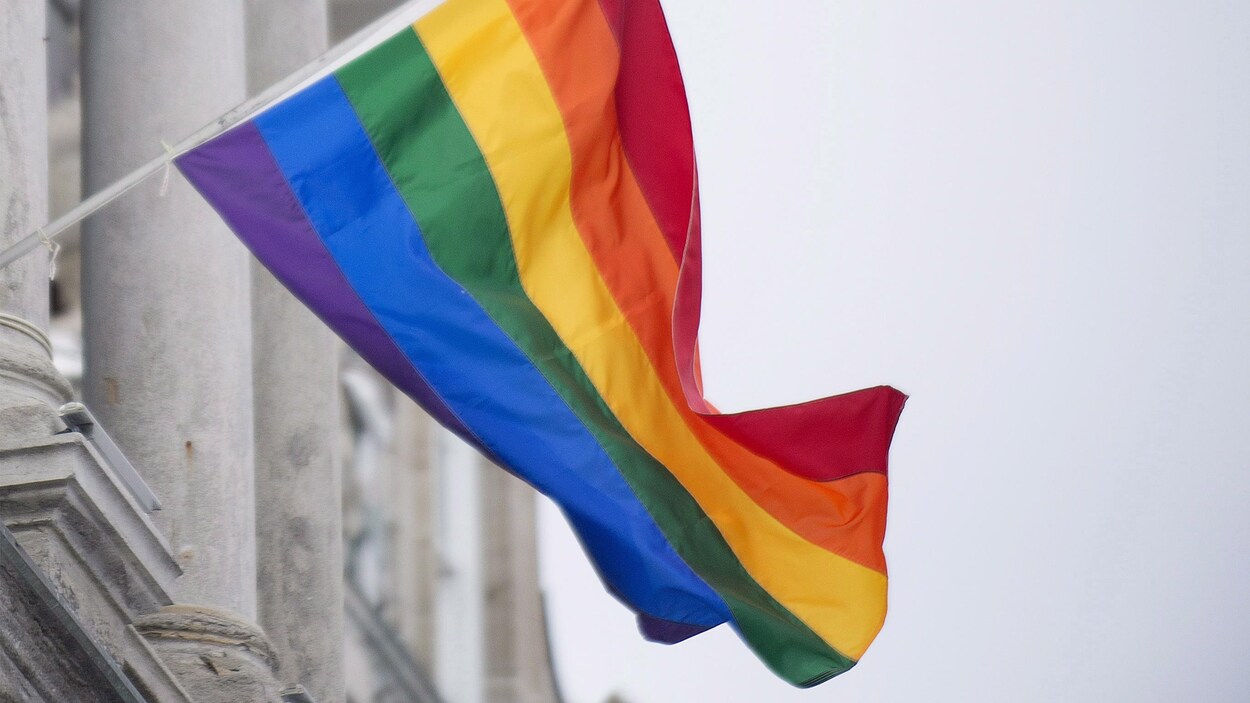Un drapeau aux couleurs arc-en-ciel est accroché à un édifice.