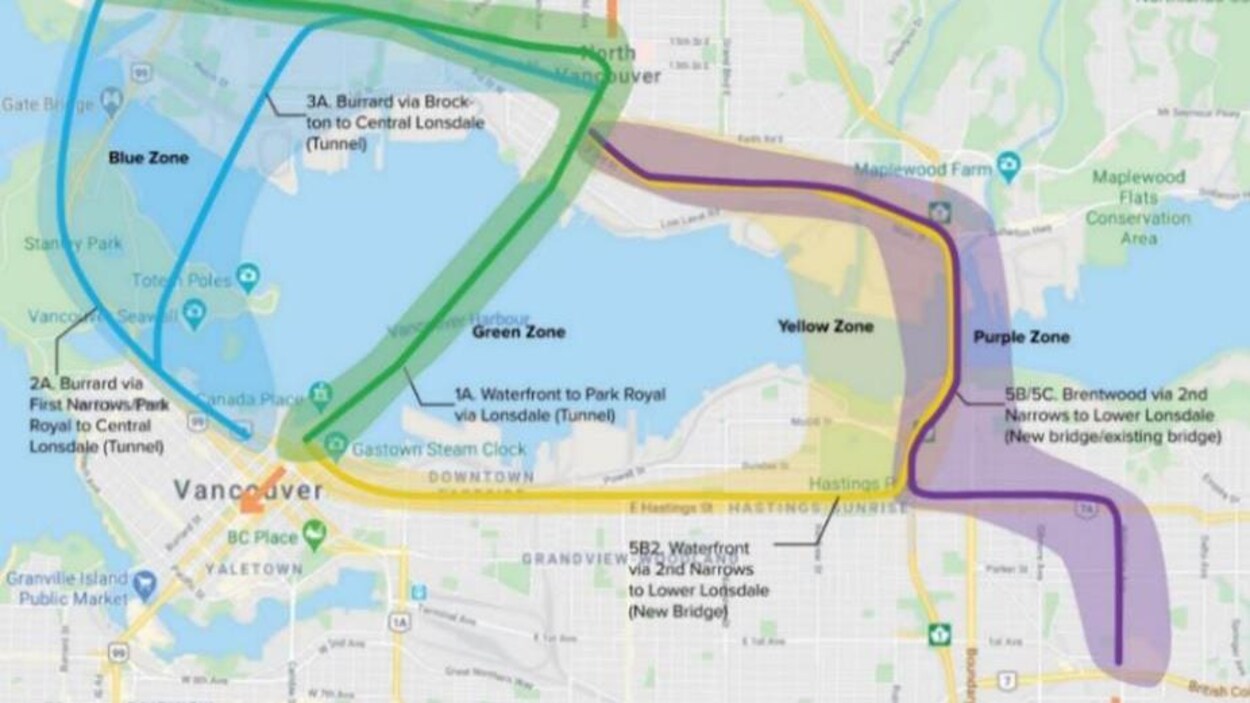 Une carte montre cinq liens entre Vancouver et Burnaby vers la rive nord.