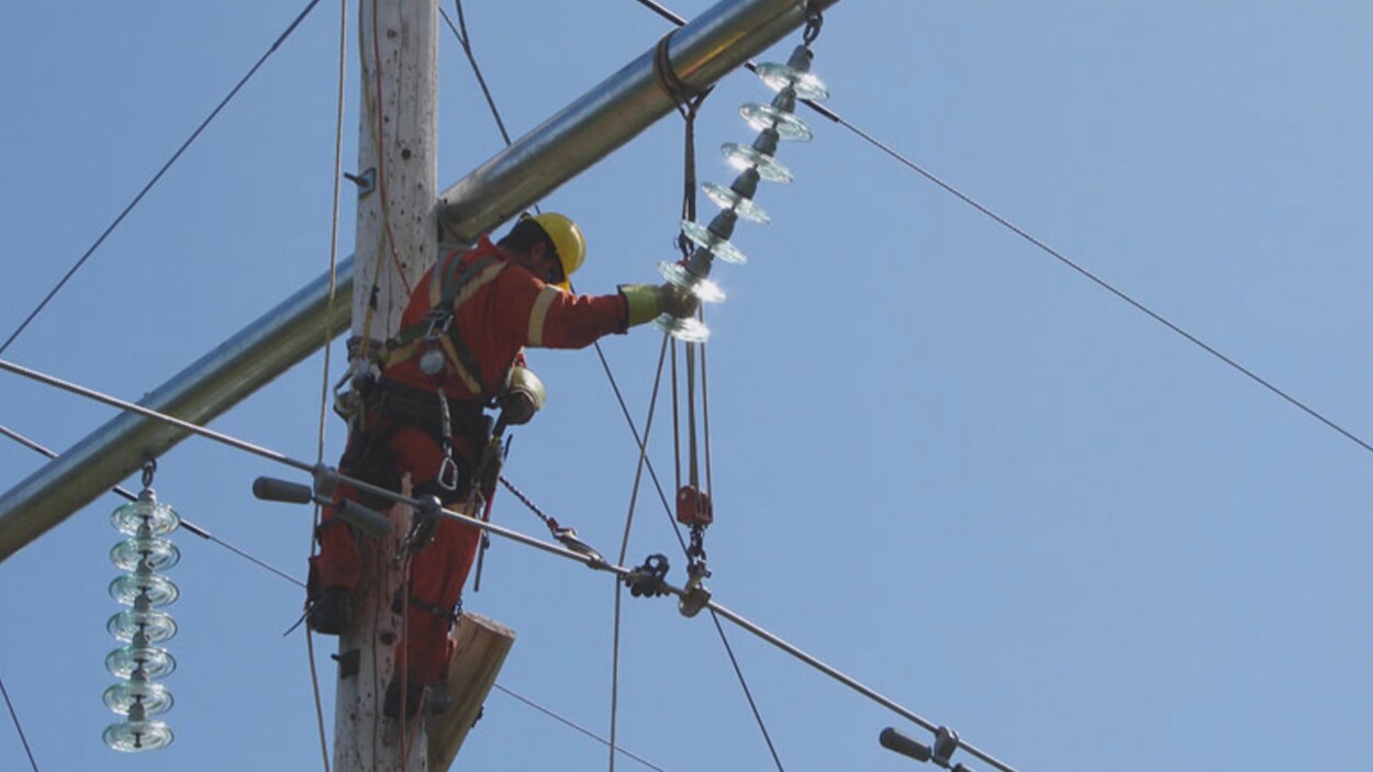 Un homme dans les airs en train de réparer une ligne électrique.