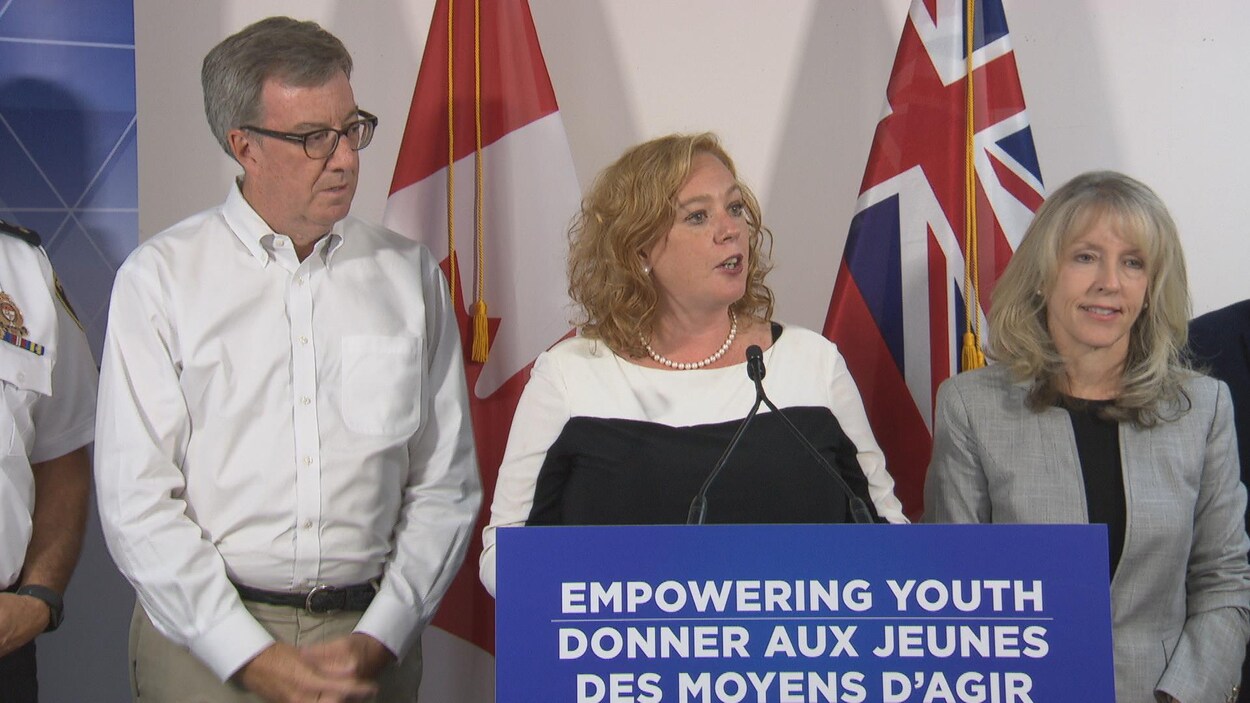 Jim Watson (à gauche), Lisa MacLeod (au centre) et Merrilee Fullerton (à droite) derrière un podium avec un micro pendant un point de presse.
