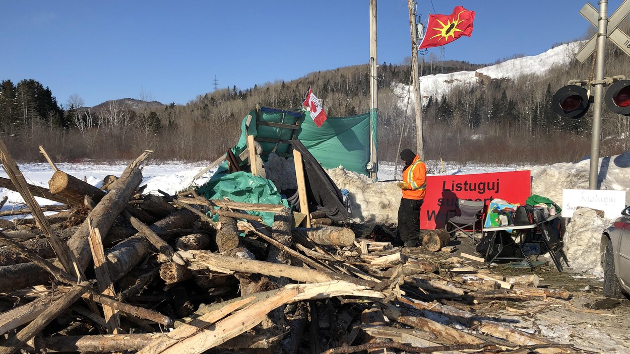 Un homme se tient devant un feu de camp protégé par une bâche. Tout près, des troncs d'arbre sont empilés sur le sol.