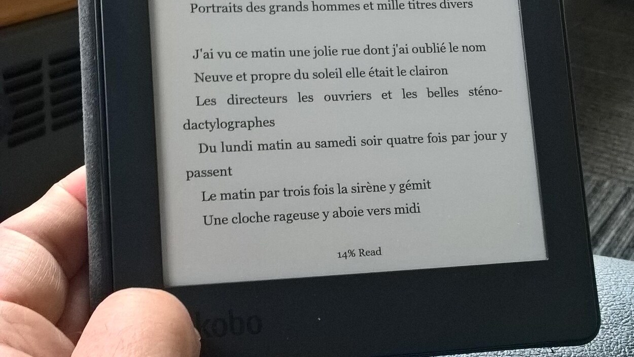 Un lecteur tient un livre électronique dans sa main gauche.