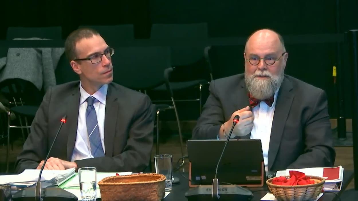 Deux hommes témoignent lors d'une commission d'enquête.
