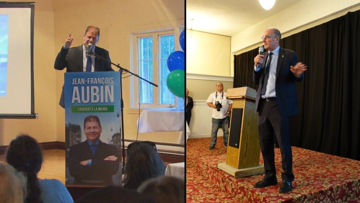 Jean-François Aubin (à gauche) et Yves Lévesque (à droite) lors de leurs lancements de campagne. Jean-François Aubin (à gauche) et Yves Lévesque (à droite) lors de leurs lancements de campagne.