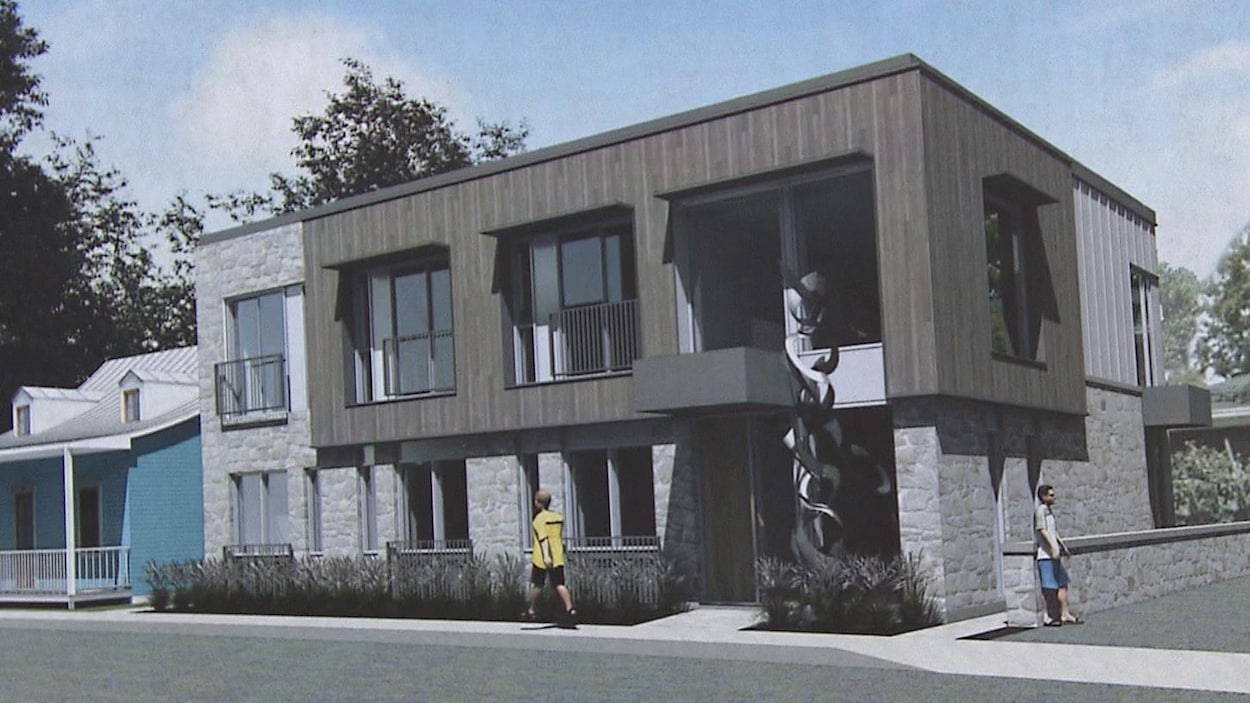 Une représentation d'un bâtiment sur deux étages en pierres et bois qui deviendra la maison Jacques-Parizeau